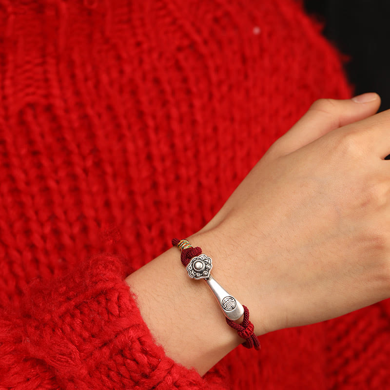 Buddha Stones 999 Sterling Silver Ruyi Stick String Protection Braided Bracelet