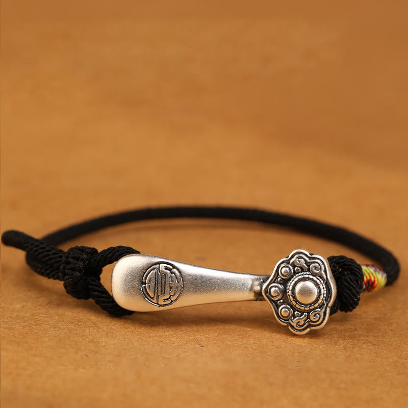 Buddha Stones 999 Sterling Silver Ruyi Stick String Protection Braided Bracelet - Black Rope - 19-21cm - image 8