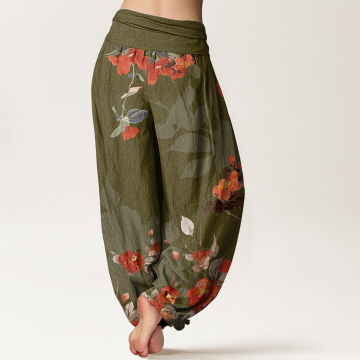 Buddha Stones Red Flowers Green Leaves Bird Women's Elastic Waist Harem Pants