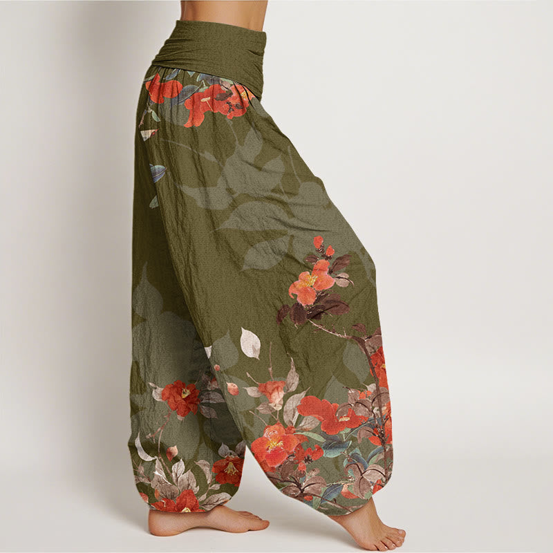 Buddha Stones Red Flowers Green Leaves Bird Women's Elastic Waist Harem Pants