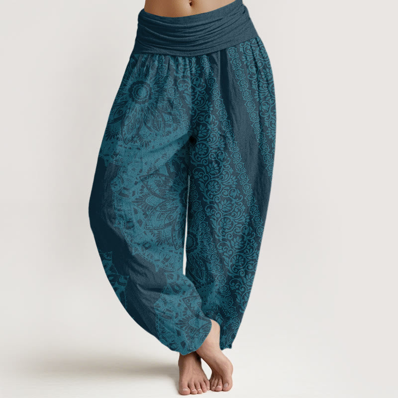 Buddha Stones Cotton Mandala Pattern Parallel Flowers Women's Elastic Waist Harem Pants - DarkCyan - US22，UK/AU26，EU54 (6XL) - image 4