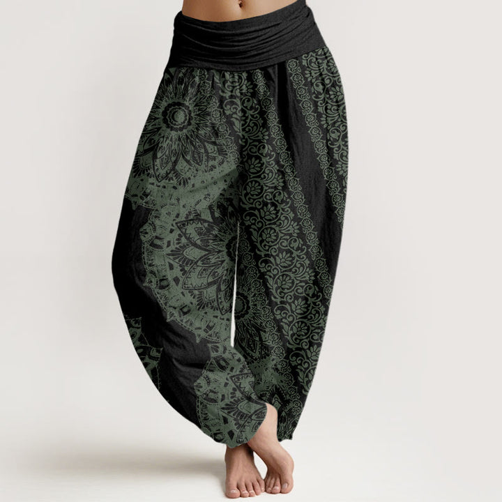 Buddha Stones Cotton Mandala Pattern Parallel Flowers Women's Elastic Waist Harem Pants - Black - US22，UK/AU26，EU54 (6XL) - image 7