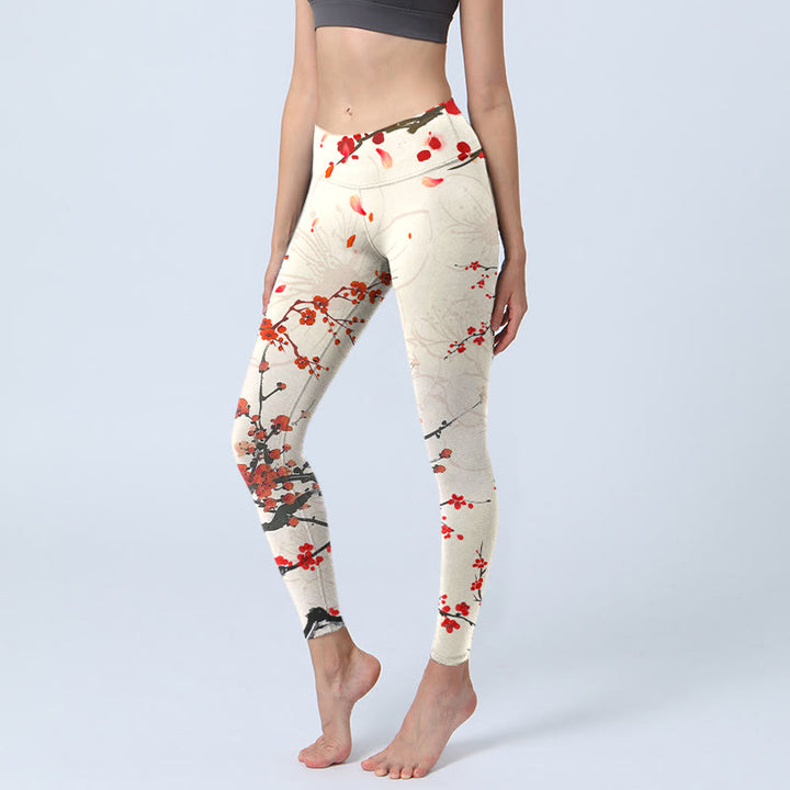 Buddha Stones Blooming Red Plum Blossoms Print Gym Leggings Women's Yoga Pants