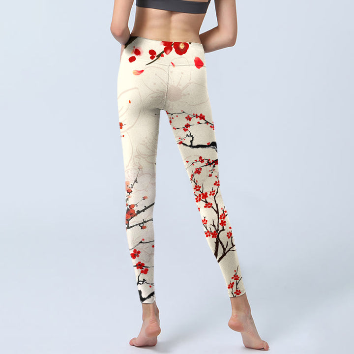 Buddha Stones Blooming Red Plum Blossoms Print Gym Leggings Women's Yoga Pants