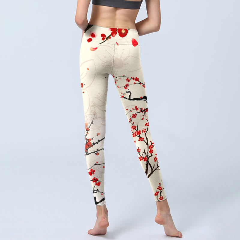 Buddha Stones Blooming Red Plum Blossoms Print Gym Leggings Women's Yoga Pants - image 6
