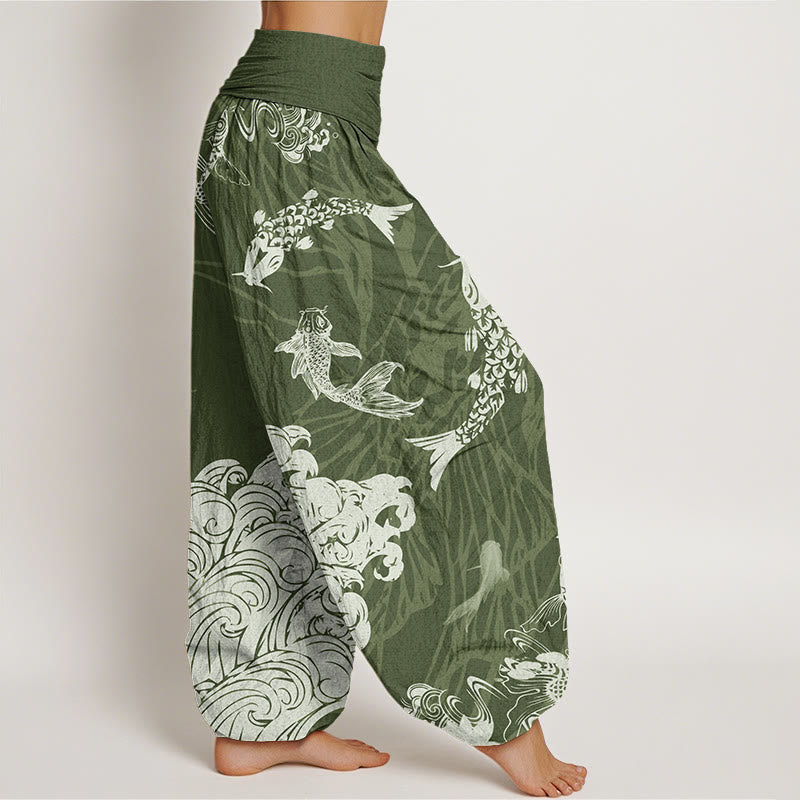 Buddha Stones Koi FIsh Lotus Waves Women's Elastic Waist Harem Pants