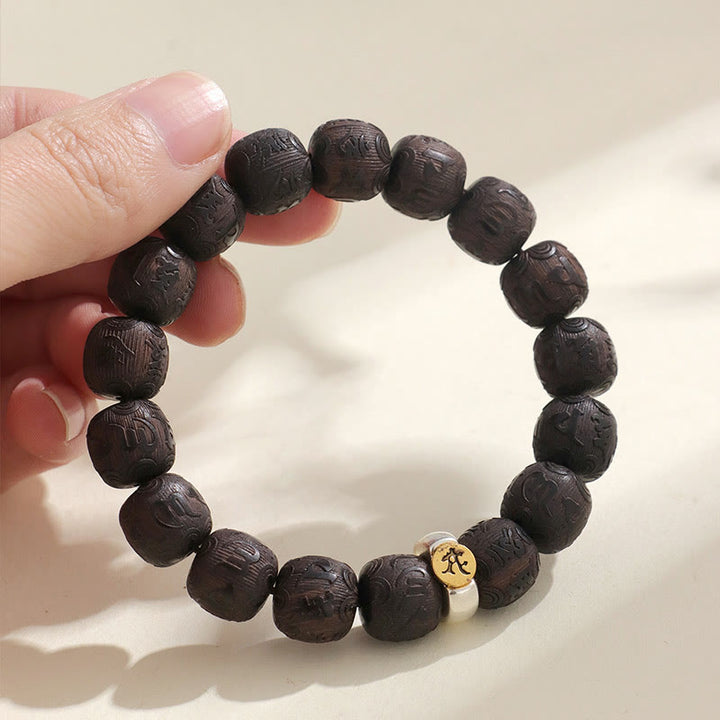 Buddha Stones Chinese Zodiac Ebony Wood Om Mani Padme Hum Balance Bracelet