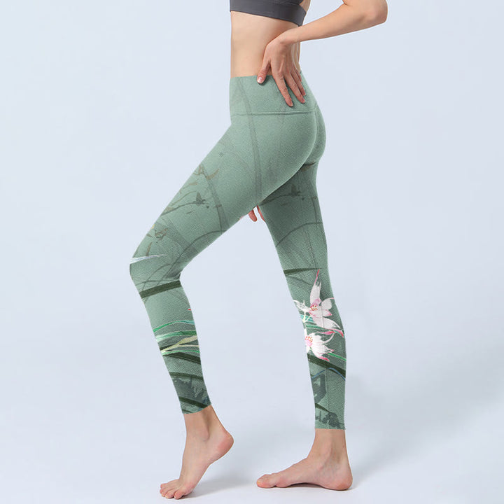 Buddha Stones White Pink Orchids Leaves Print Gym Leggings Women's Yoga Pants - image 2