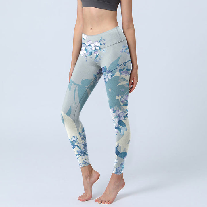 Buddha Stones White Blue Flowers Print Gym Leggings Women's Yoga Pants