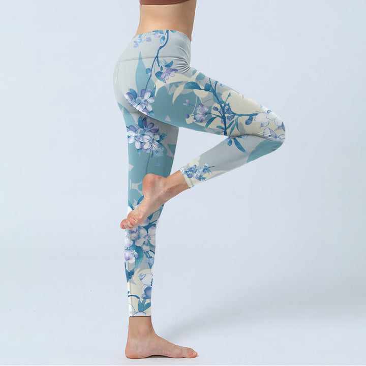 Buddha Stones White Blue Flowers Print Gym Leggings Women's Yoga Pants