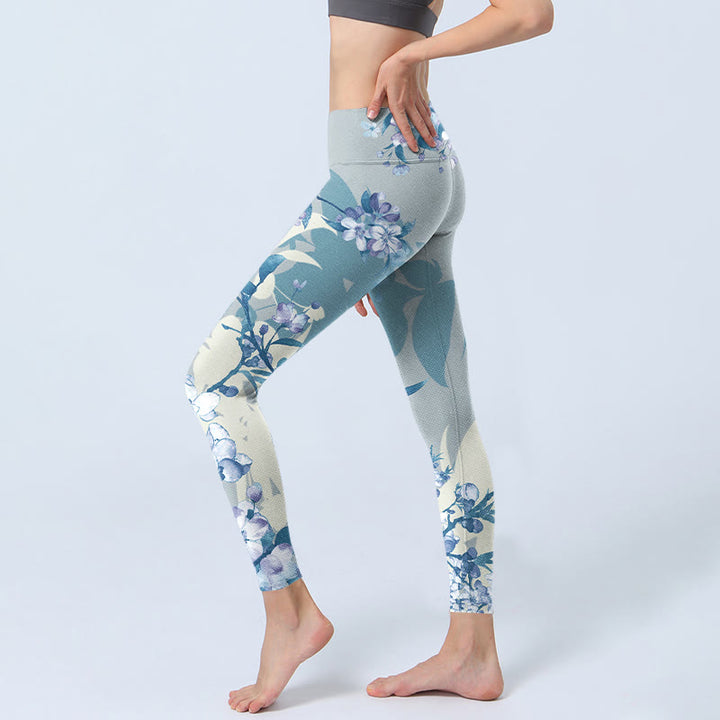 Buddha Stones White Blue Flowers Print Gym Leggings Women's Yoga Pants - image 2
