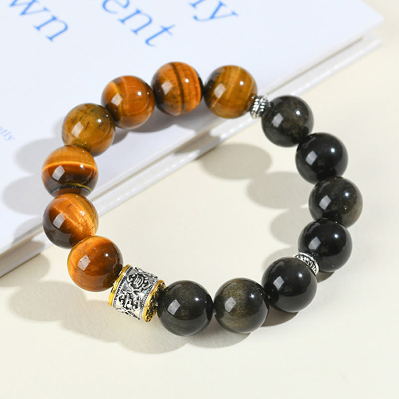 Buddha Stones Tiger Eye Gold Sheen Obsidian Om Mani Padme Hum Bracelet