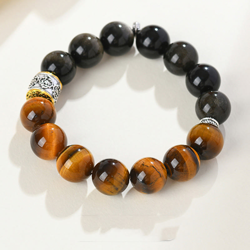 Buddha Stones Tiger Eye Gold Sheen Obsidian Om Mani Padme Hum Bracelet