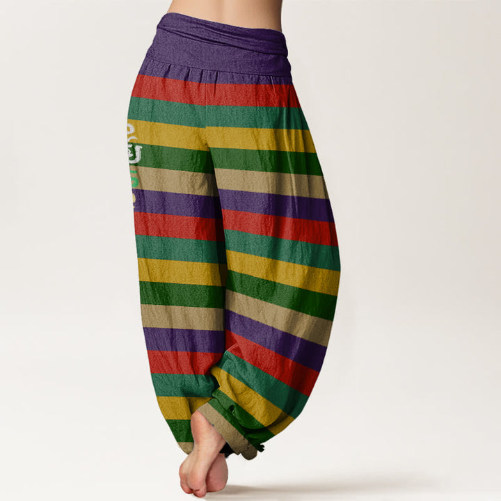 Buddha Stones Colorful Stripe Om Mani Padme Hum Women's Elastic Waist Harem Pants