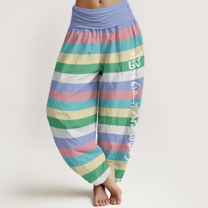 Buddha Stones Colorful Stripe Om Mani Padme Hum Women's Elastic Waist Harem Pants