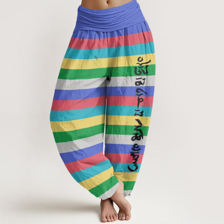 Buddha Stones Colorful Stripe Om Mani Padme Hum Women's Elastic Waist Harem Pants