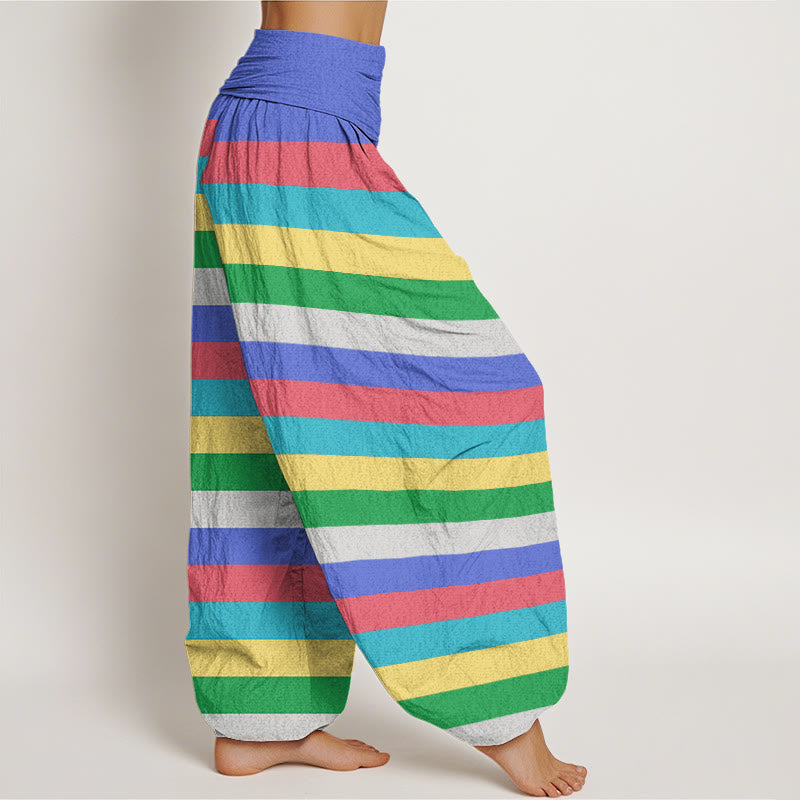 Buddha Stones Colorful Stripe Om Mani Padme Hum Women's Elastic Waist Harem Pants