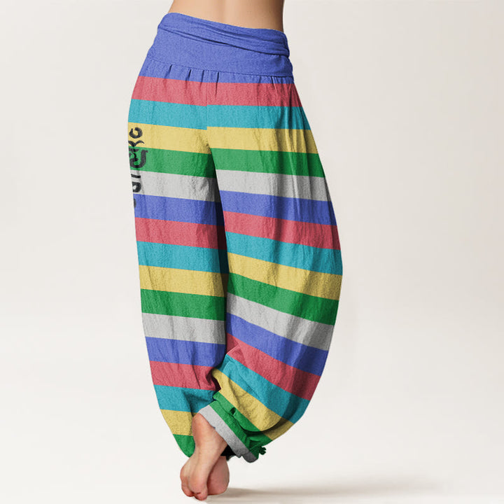 Buddha Stones Colorful Stripe Om Mani Padme Hum Women's Elastic Waist Harem Pants