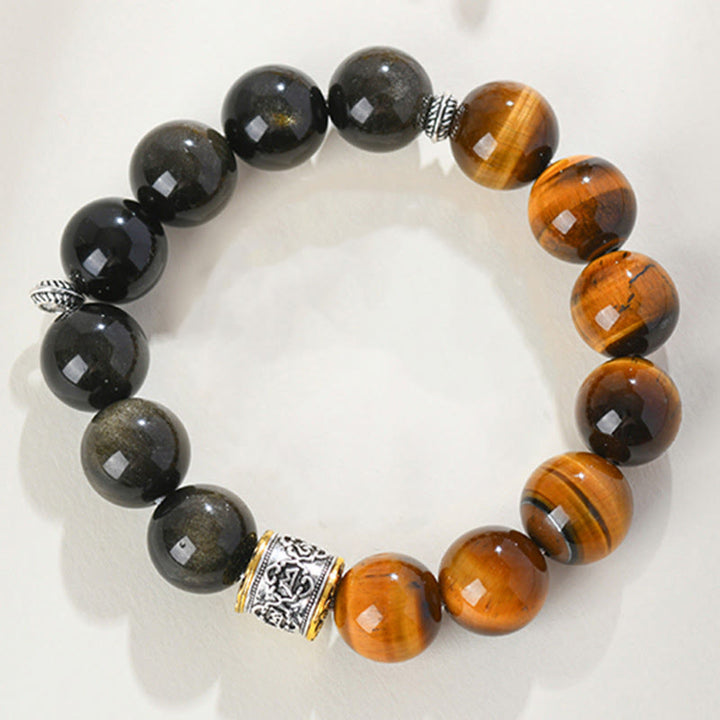 Buddha Stones Tiger Eye Gold Sheen Obsidian Om Mani Padme Hum Bracelet