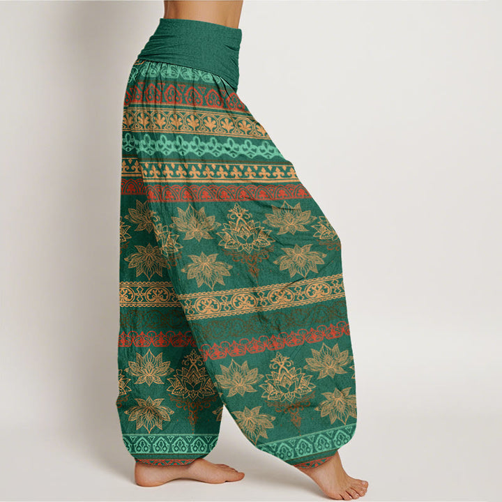 Buddha Stones Parallel Pattern Lotus Women's Elastic Waist Harem Pants