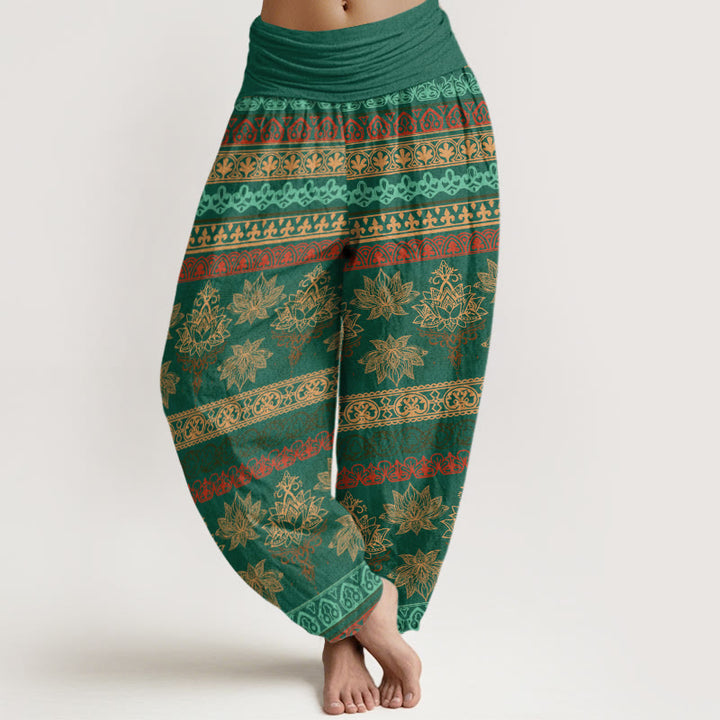 Buddha Stones Parallel Pattern Lotus Women's Elastic Waist Harem Pants