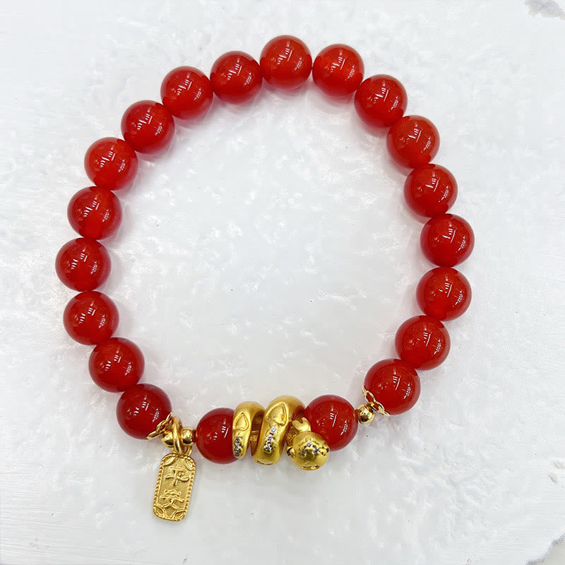 Buddha Stones Red Agate Gold Plated Copper Peace And Joy Safe Plate Year of the Snake Confidence Bracelet