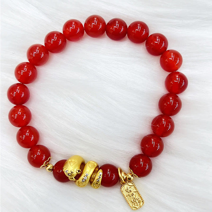 Buddha Stones Red Agate Gold Plated Copper Peace And Joy Safe Plate Year of the Snake Confidence Bracelet