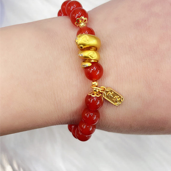 Buddha Stones Red Agate Gold Plated Copper Peace And Joy Safe Plate Year of the Snake Confidence Bracelet