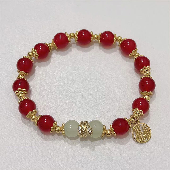 Buddha Stones Red Agate Jade Fu Character Year of the Snake Calm Bracelet