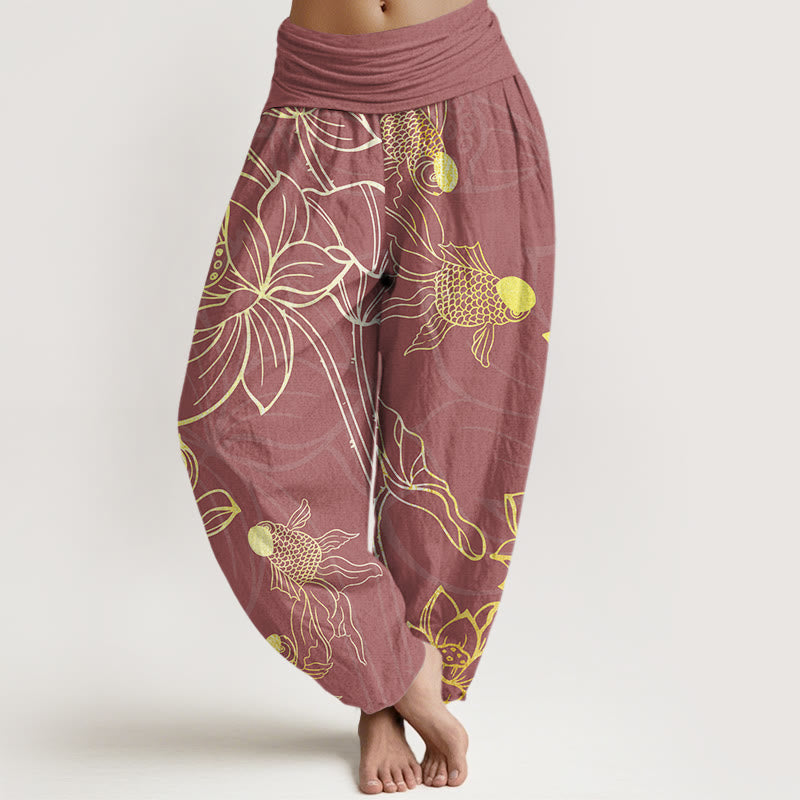 Buddha Stones Cotton Lotus Leaf Koi Fish Women's Elastic Waist Harem Pants - PaleVioletRed - US22，UK/AU26，EU54 (6XL) - image 8