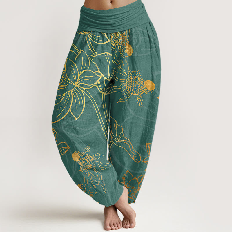 Buddha Stones Lotus Leaf Koi Fish Women's Elastic Waist Harem Pants - DarkCyan - US22，UK/AU26，EU54 (6XL) - image 0
