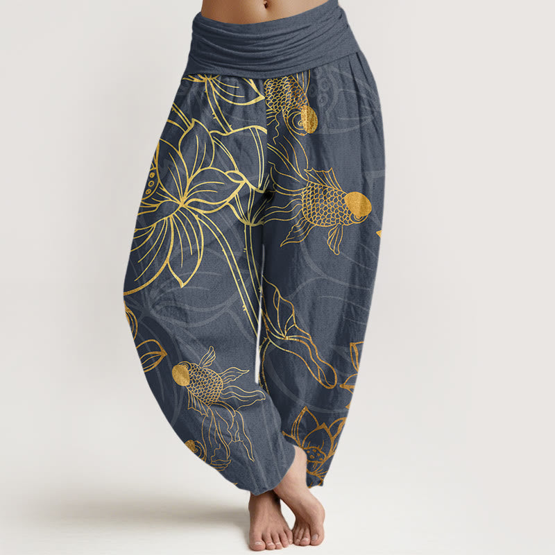 Buddha Stones Cotton Lotus Leaf Koi Fish Women's Elastic Waist Harem Pants - DimGray - US22，UK/AU26，EU54 (6XL) - image 5