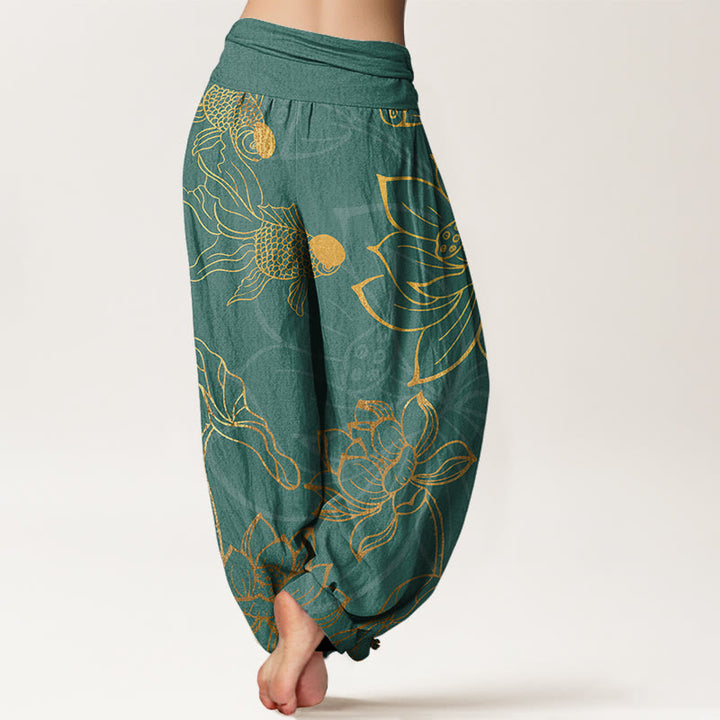 Buddha Stones Cotton Lotus Leaf Koi Fish Women's Elastic Waist Harem Pants - image 2