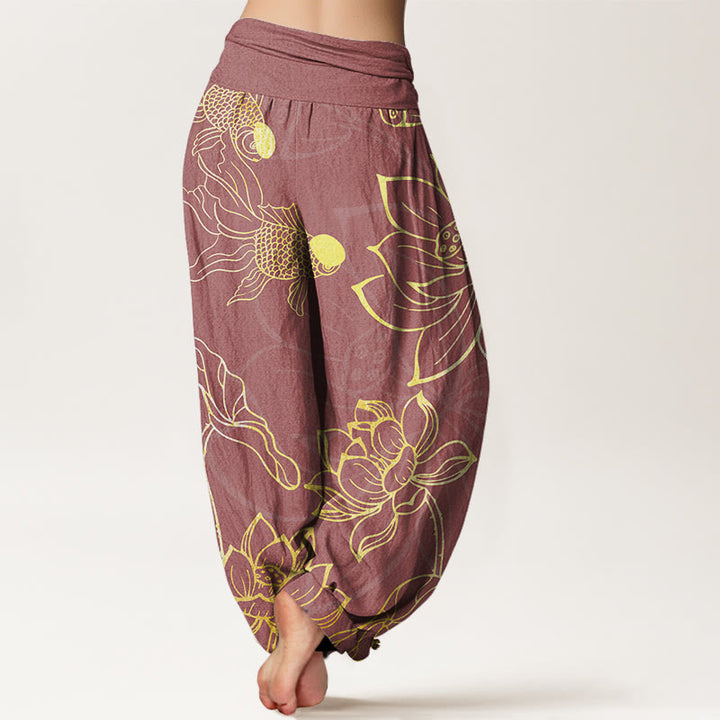 Buddha Stones Lotus Leaf Koi Fish Women's Elastic Waist Harem Pants