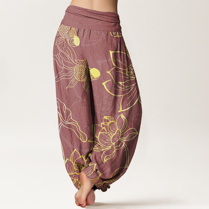 Buddha Stones Cotton Lotus Leaf Koi Fish Women's Elastic Waist Harem Pants - image 10