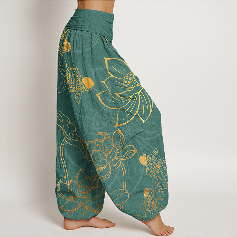 Buddha Stones Lotus Leaf Koi Fish Women's Elastic Waist Harem Pants