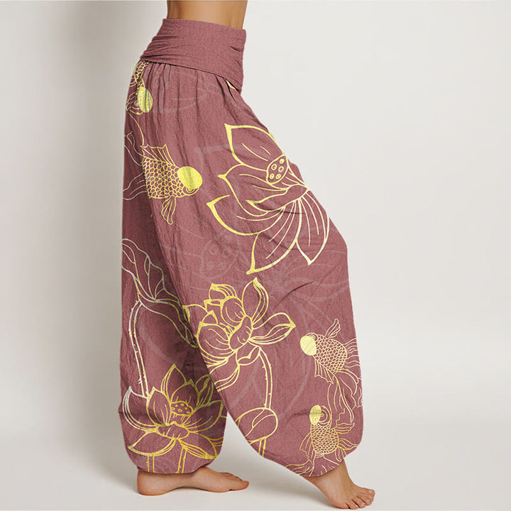 Buddha Stones Cotton Lotus Leaf Koi Fish Women's Elastic Waist Harem Pants - image 9