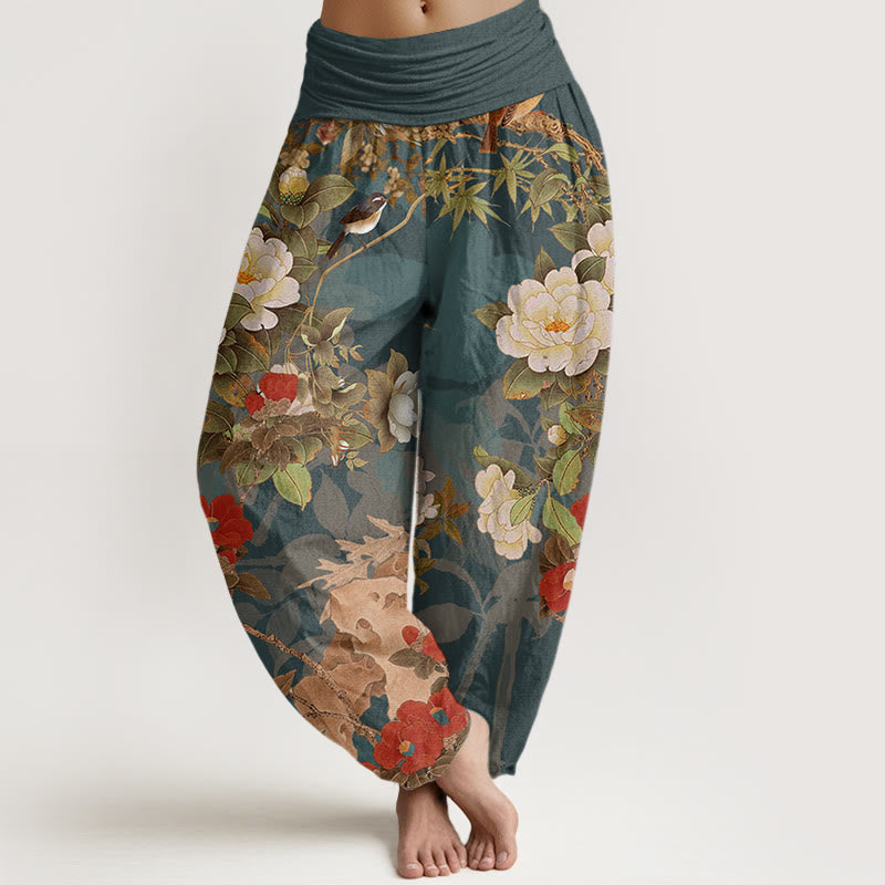 Buddha Stones Cotton Casual Peony Flowers Leaves Magpie Women's Elastic Waist Harem Pants - Teal - US22，UK/AU26，EU54 (6XL) - image 0