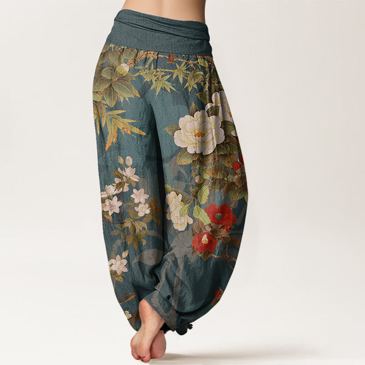 Buddha Stones Casual Peony Flowers Leaves Magpie Women's Elastic Waist Harem Pants - image 2