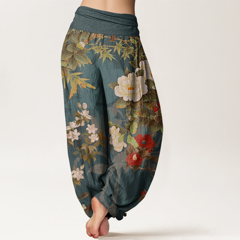 Buddha Stones Casual Peony Flowers Leaves Magpie Women's Elastic Waist Harem Pants