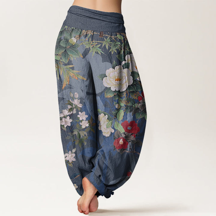 Buddha Stones Cotton Casual Peony Flowers Leaves Magpie Women's Elastic Waist Harem Pants - image 9
