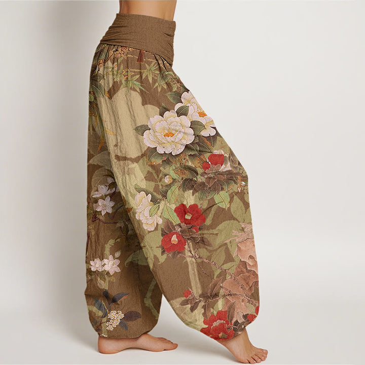 Buddha Stones Casual Peony Flowers Leaves Magpie Women's Elastic Waist Harem Pants