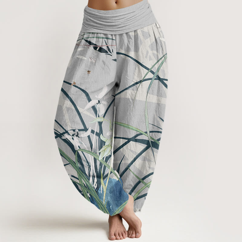 Buddha Stones Casual Orchid leaf Butterflies Women's Elastic Waist Harem Pants