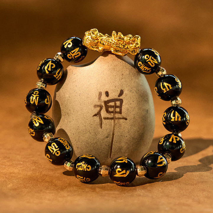 Buddha Stones Natural Black Obsidian White Porcelain Alloy Pixiu Six True Words 'om Mani Padme Hum' Purification Bracelet