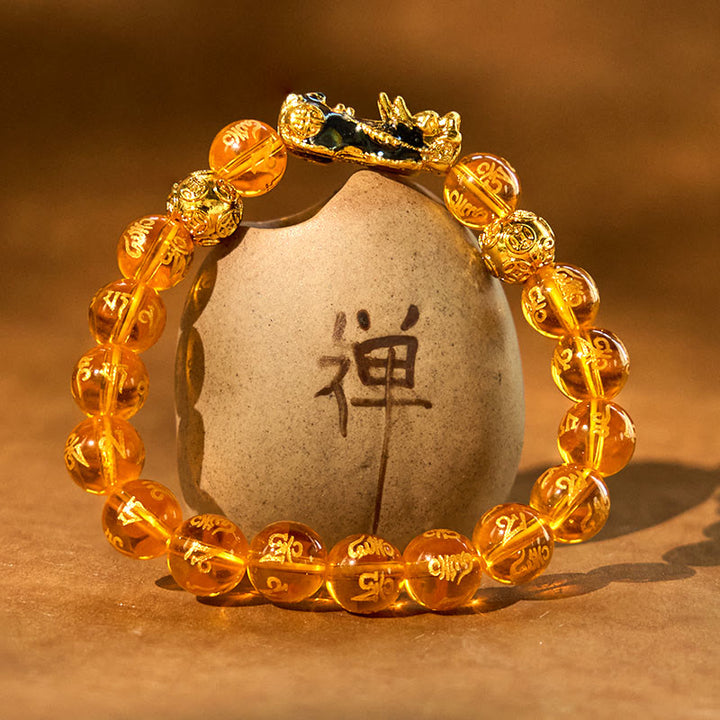 Buddha Stones Green Agate Yellow Agate Alloy Pixiu Six True Words 'om Mani Padme Hum' Power Bracelet