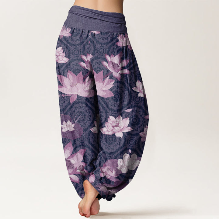 Buddha Stones Lotus Leaf Pattern Women's Elastic Waist Harem Pants