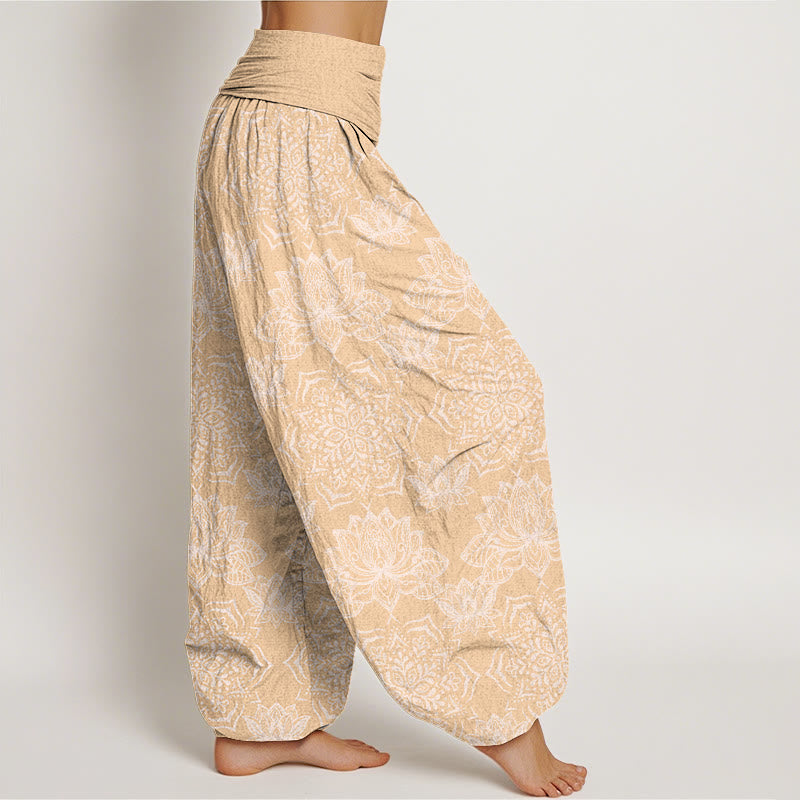 Buddha Stones Casual Lotus Mandala Pattern Women's Elastic Waist Harem Pants