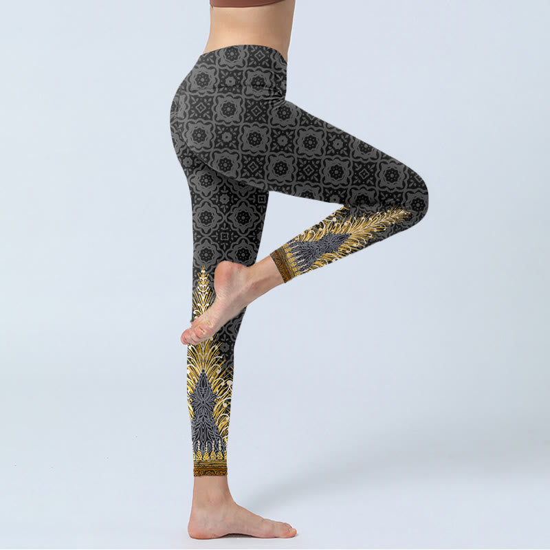 Buddha Stones Dark Gray Geometric Gold Feather Print Gym Leggings Women's Yoga Pants