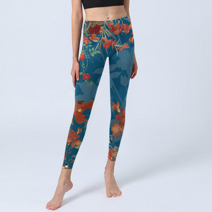 Buddha Stones Blue Red Flowers Birds Print Gym Leggings Women's Yoga Pants - image 5