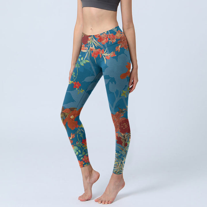 Buddha Stones Blue Red Flowers Birds Print Gym Leggings Women's Yoga Pants - SteelBlue - US18，UK/AU22，EU50 (4XL) - image 1